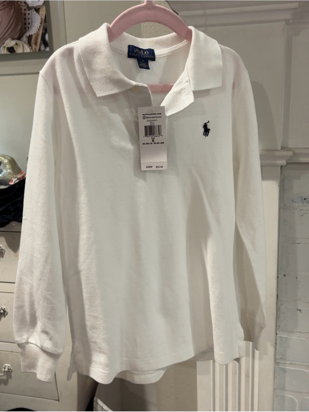 Ralph Lauren Polo Youth White Long-Sleeve Cotton Polo Shirt Size 6